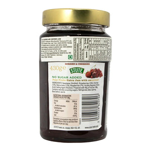 Stute Berries and Cherries no sugar added jam jar with nutrition facts label
