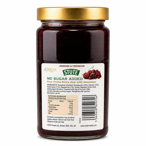 Jar of Stute no sugar added jam with a gold lid on a white background