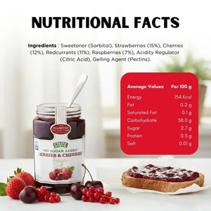 Jar of Stute no sugar added berries and cherries extra jam with fresh berries and slice of bread with jam
