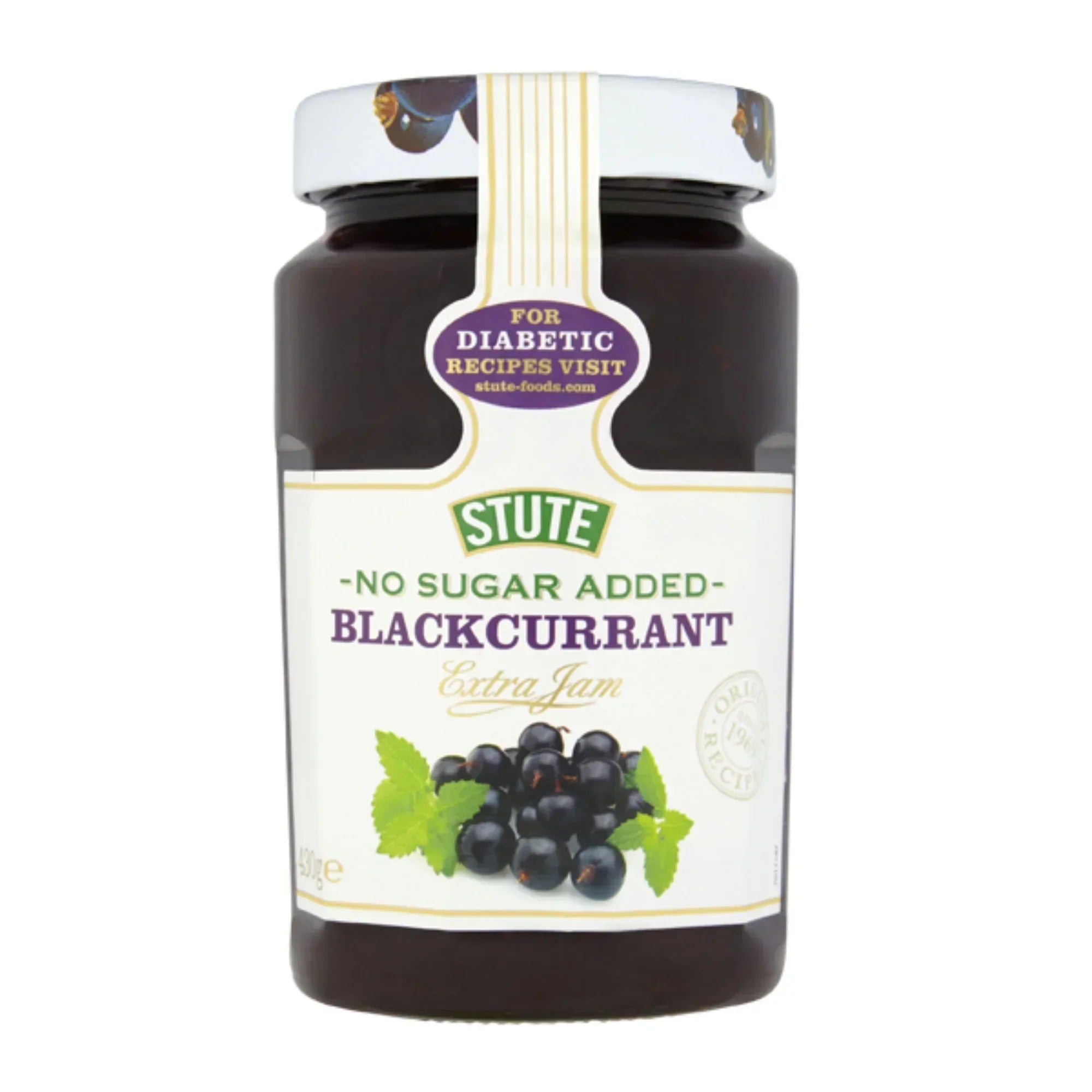Jar of Stute no sugar added blackcurrant extra jam with blackcurrants and leaves on label