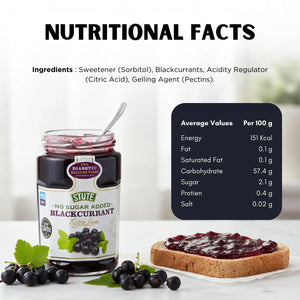 Stute no sugar added blackcurrant jam jar with nutritional facts and blackcurrants beside bread slice with jam