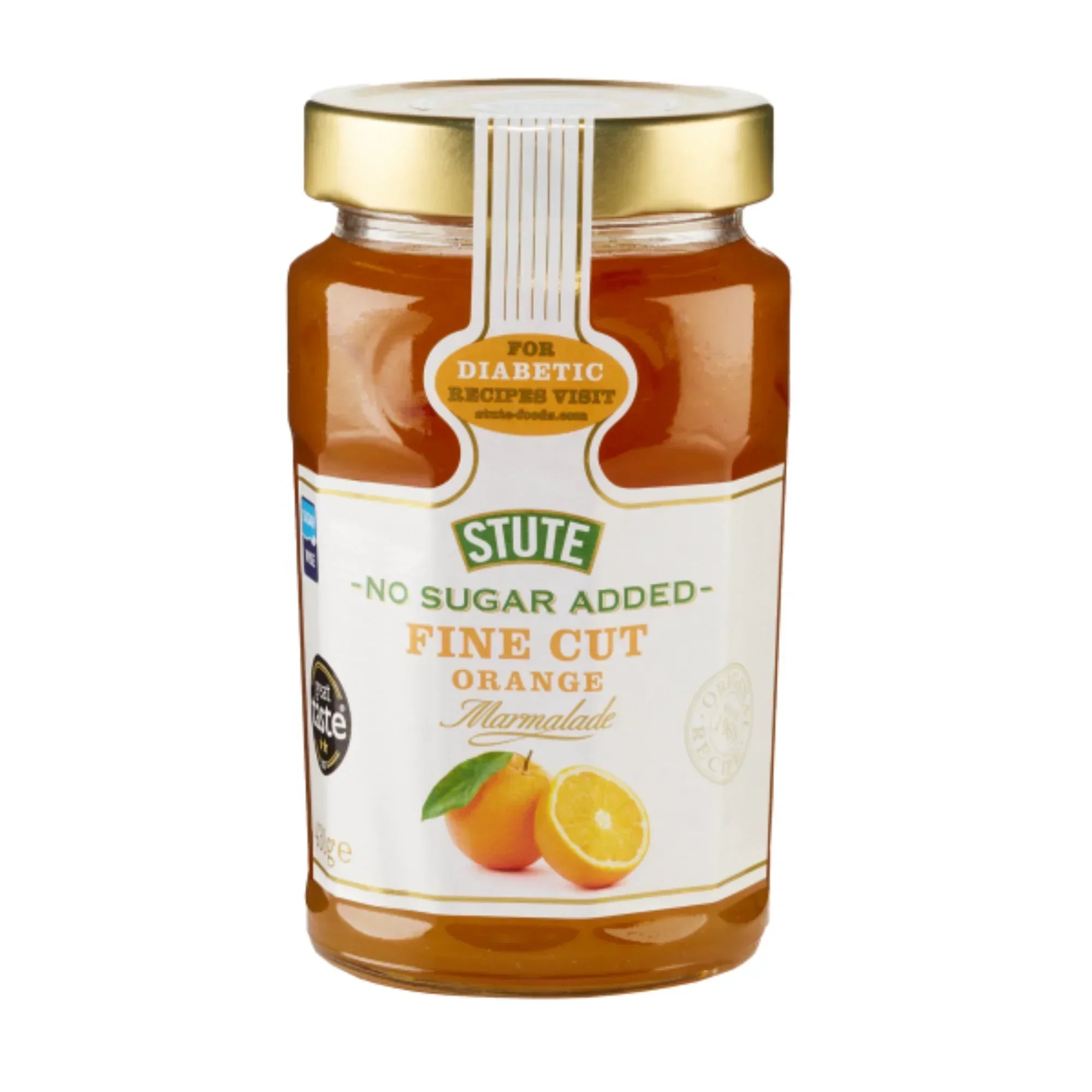 Jar of Stute no sugar added fine cut orange marmalade with gold lid and orange fruit illustration