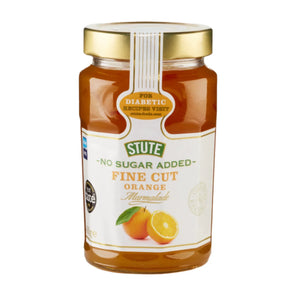 Jar of Stute no sugar added fine cut orange marmalade with gold lid and orange fruit illustration