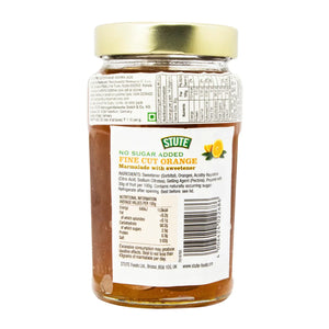 Jar of Stute no sugar added fine cut orange marmalade with sweetener and nutritional information label