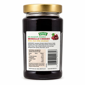 Jar of Stute No Sugar Added Morello Cherry Jam with label on a white background