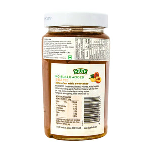 STUTE no sugar added peach jam jar with sweetener, nutritional info, and ingredients label