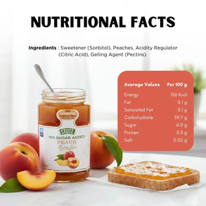 Stute no sugar added peach jam jar with fresh peaches and jam on toast, nutritional facts visible
