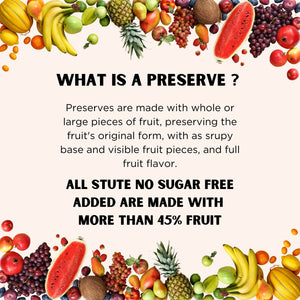 Informational graphic about preserves with colorful fruit border including bananas, pineapple, watermelon, grapes, and coconuts