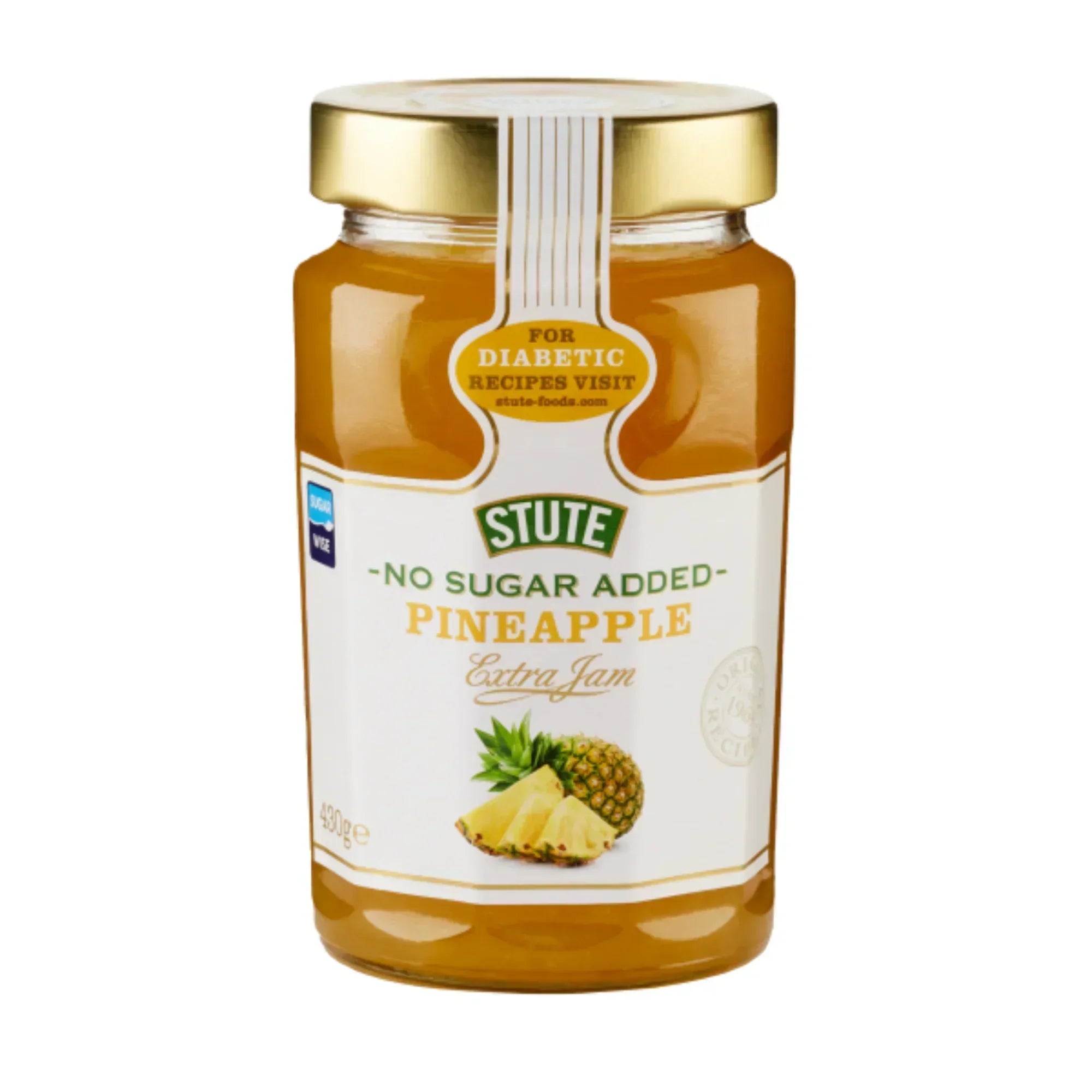 Jar of Stute No Sugar Added Pineapple Extra Jam with gold lid and pineapple image on label