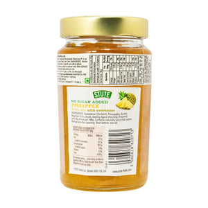 Stute no sugar added pineapple jam jar with nutrition facts and ingredients label