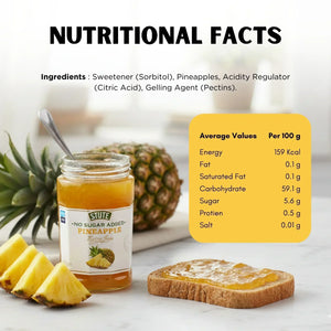 No sugar added pineapple jam jar with fresh pineapple slices and toast, nutritional facts and ingredients listed