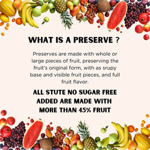 Colorful fresh fruits border with pineapple, banana, watermelon, grapes, and apples surrounding text about preserves and no sugar added fruit content