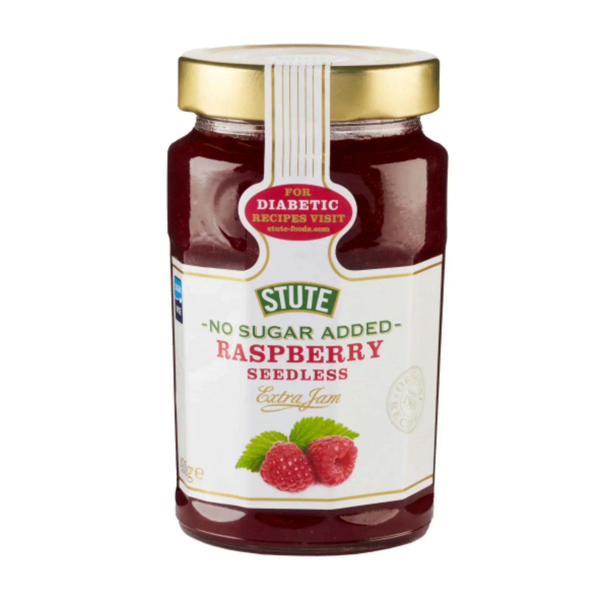 Glass jar of Stute no sugar added seedless raspberry extra jam with gold lid