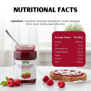 Jar of Stute no sugar added seedless raspberry jam with fresh raspberries and jam spread on whole grain bread