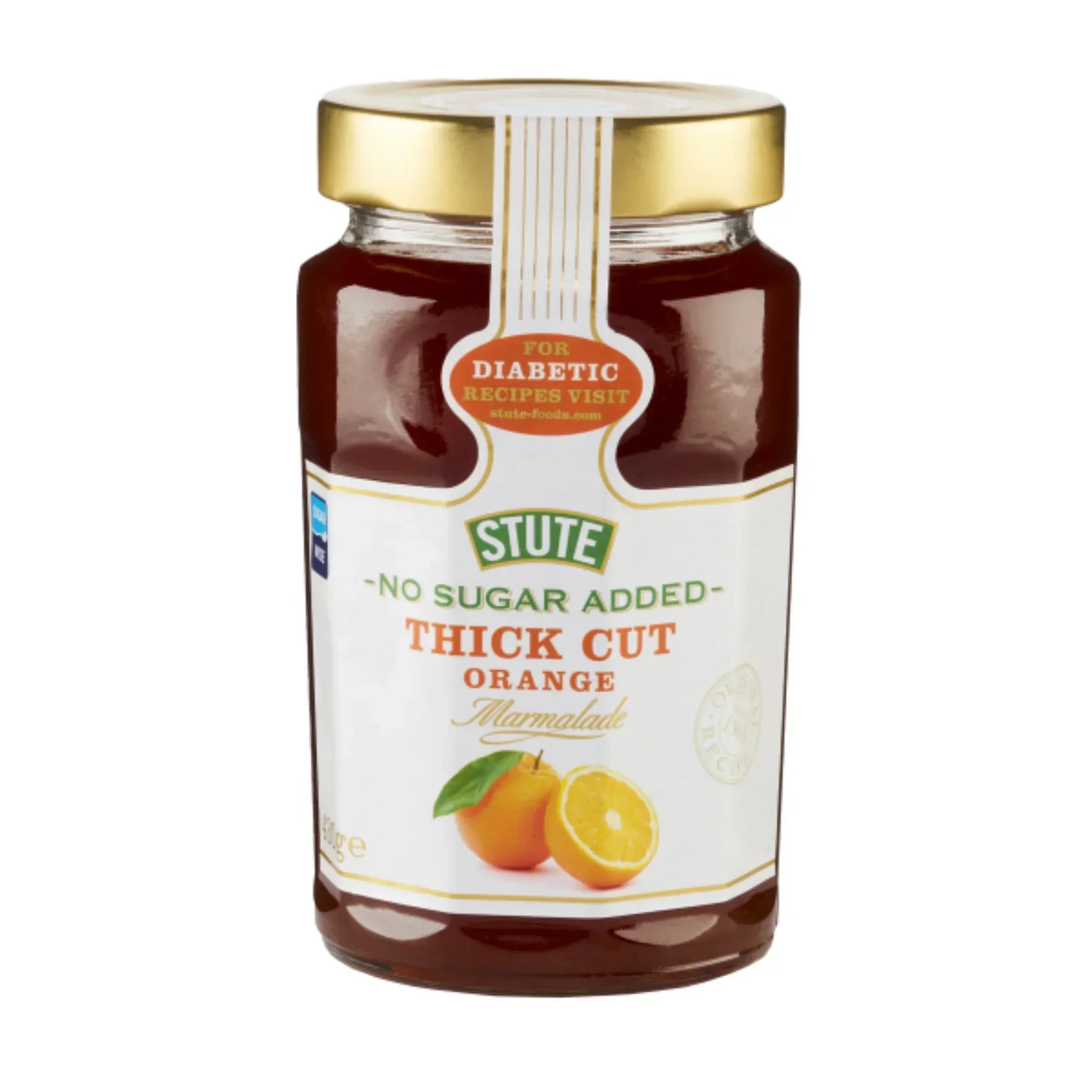 Jar of Stute No Sugar Added Thick Cut Orange Marmalade with gold lid and orange fruit image