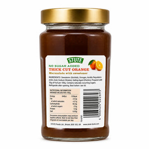 Jar of Stute no sugar added thick cut orange marmalade with a gold lid on a white background.