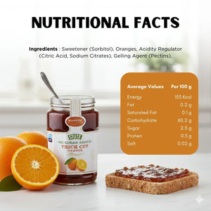 Jar of Stute No Sugar Added Thick Cut Orange Marmalade with sliced oranges and toast slice, nutritional facts panel