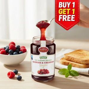 Stute no sugar added berries & cherries extra jam with fresh fruit and toast, buy 1 get 1 free offer