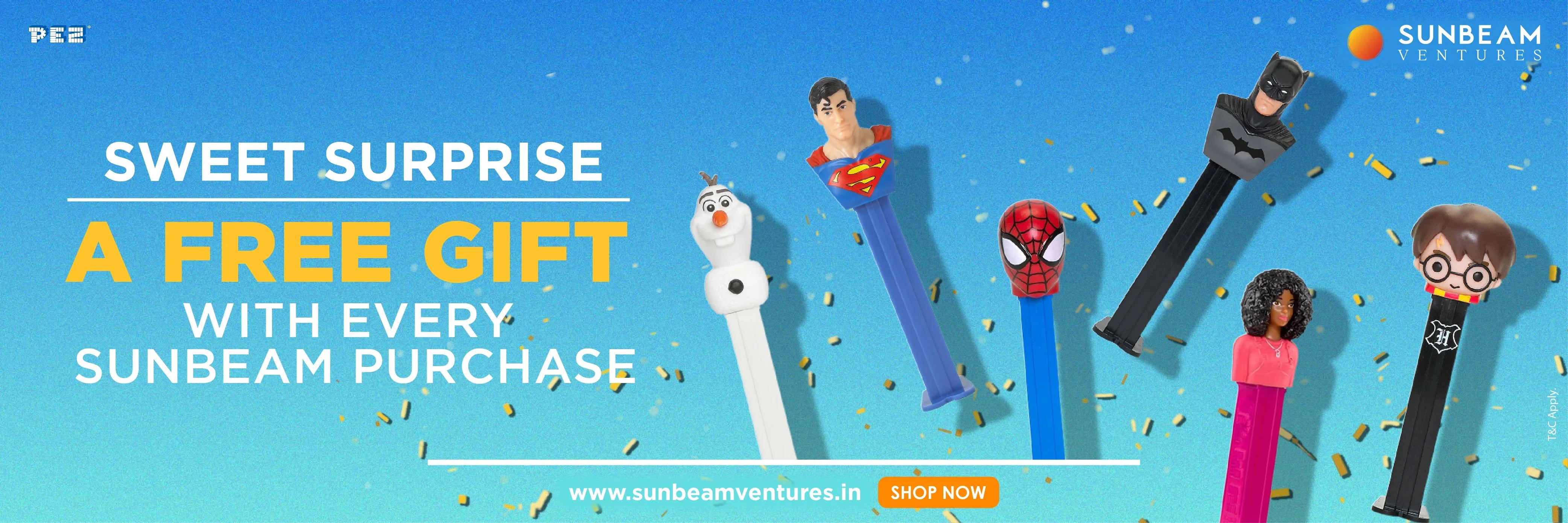 Sunbeam Ventures offer banner with free PEZ candy dispenser gift, featuring popular character heads, on blue background.