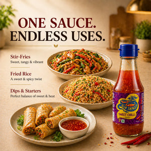 Blue Dragon Sweet Chilli Sauce bottle with fried rice, stir-fry, and spring rolls on table