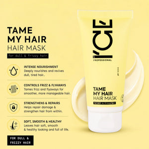 L'ICE Professional Tame My Hair Mask for dull and frizzy hair on a yellow background.