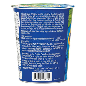Blue Dragon Green Curry Noodles cup back label showing ingredients, allergen info, and Thai origin for Sunbeam imported gourmet food.
