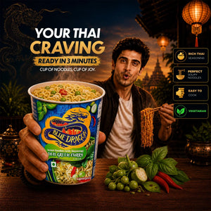 Blue Dragon Thai Green Curry instant noodles cup with rich Thai seasoning, vegetarian, ready in 3 minutes