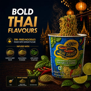 Blue Dragon Thai Green Curry Instant Noodles with bold Thai flavors, lime leaves, and green curry paste, served steaming hot.