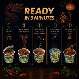 Blue Dragon Thai Green Curry instant noodles preparation steps, ready in 3 minutes with vibrant spices and herbs.