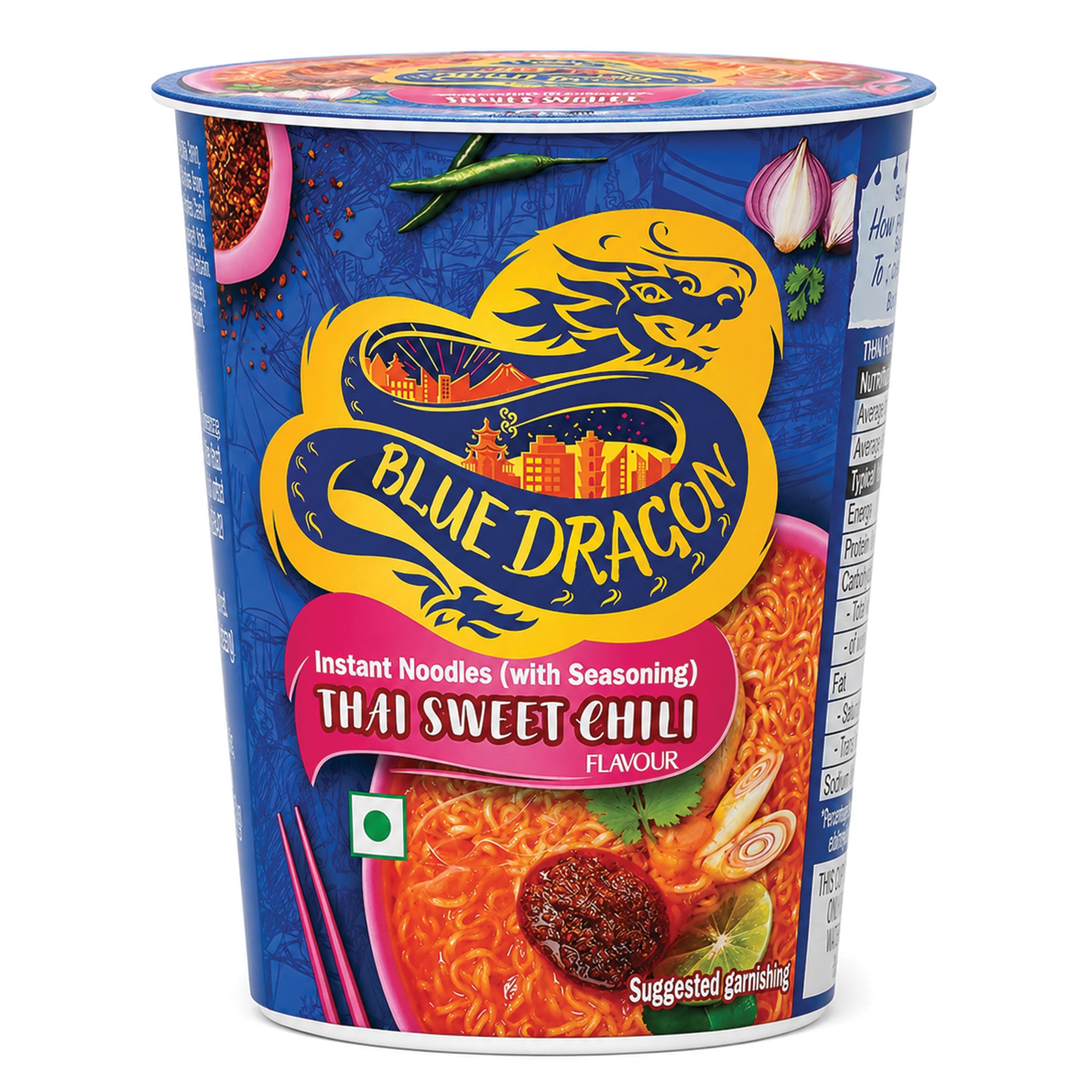 Blue Dragon instant noodle cup with Thai Sweet Chili flavor on a white background