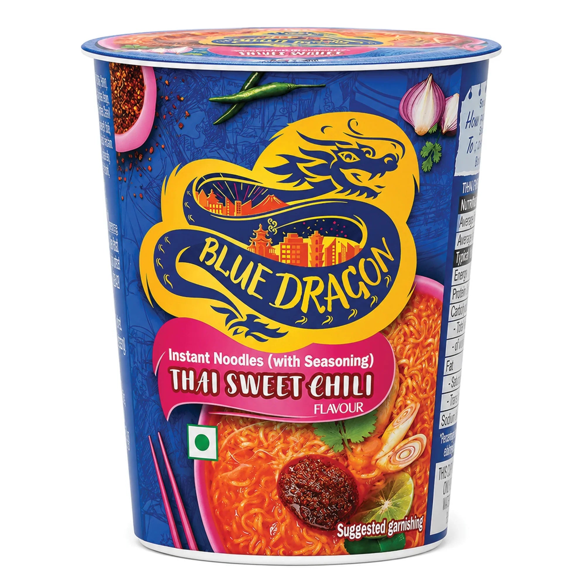 Blue Dragon instant noodle cup with Thai Sweet Chili flavor on a white background