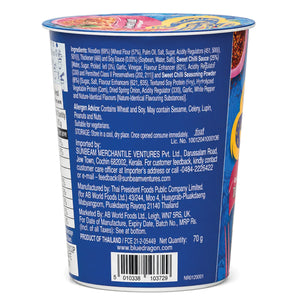 Blue Dragon Thai Sweet Chilli Noodles cup back label showing ingredients, allergens, and import details for Sunbeam Merchantile