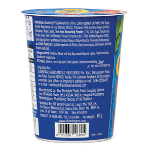 Blue Dragon Tom Yum instant noodles cup, 60g, imported from Thailand, featuring ingredients and allergen info on blue label.