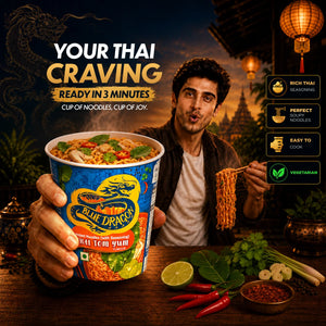 Blue Dragon Thai Tom Yum instant noodles cup with rich seasoning, perfect soupy noodles, easy to cook, vegetarian, ready in 3 minutes