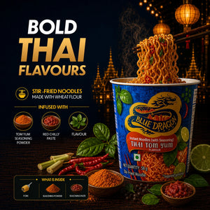 Blue Dragon Thai Tom Yum instant noodles with bold Thai flavors, stir-fried wheat noodles, red chili, lime, and herbs