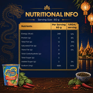 Nutritional info for Thai Tom Yum instant noodles with basil, chili, and spices on wooden table
