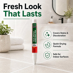 White tile grout coating pen for fresh, lasting bathroom tile look, covers stains, quick-drying, safe for indoor use