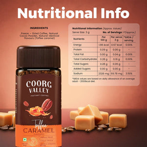 Coorg Valley Toffee Caramel Instant Coffee with nutritional info, freeze-dried, single origin blend