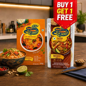 Blue Dragon Tom Yum & Satay Noodle Kits with buy 1 get 1 free offer, featuring gourmet Asian flavors and fresh ingredients