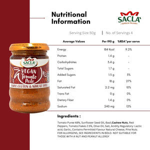 Sacla Vegan Tomato Pesto jar with nutritional info and ingredients list, dairy gluten wheat free