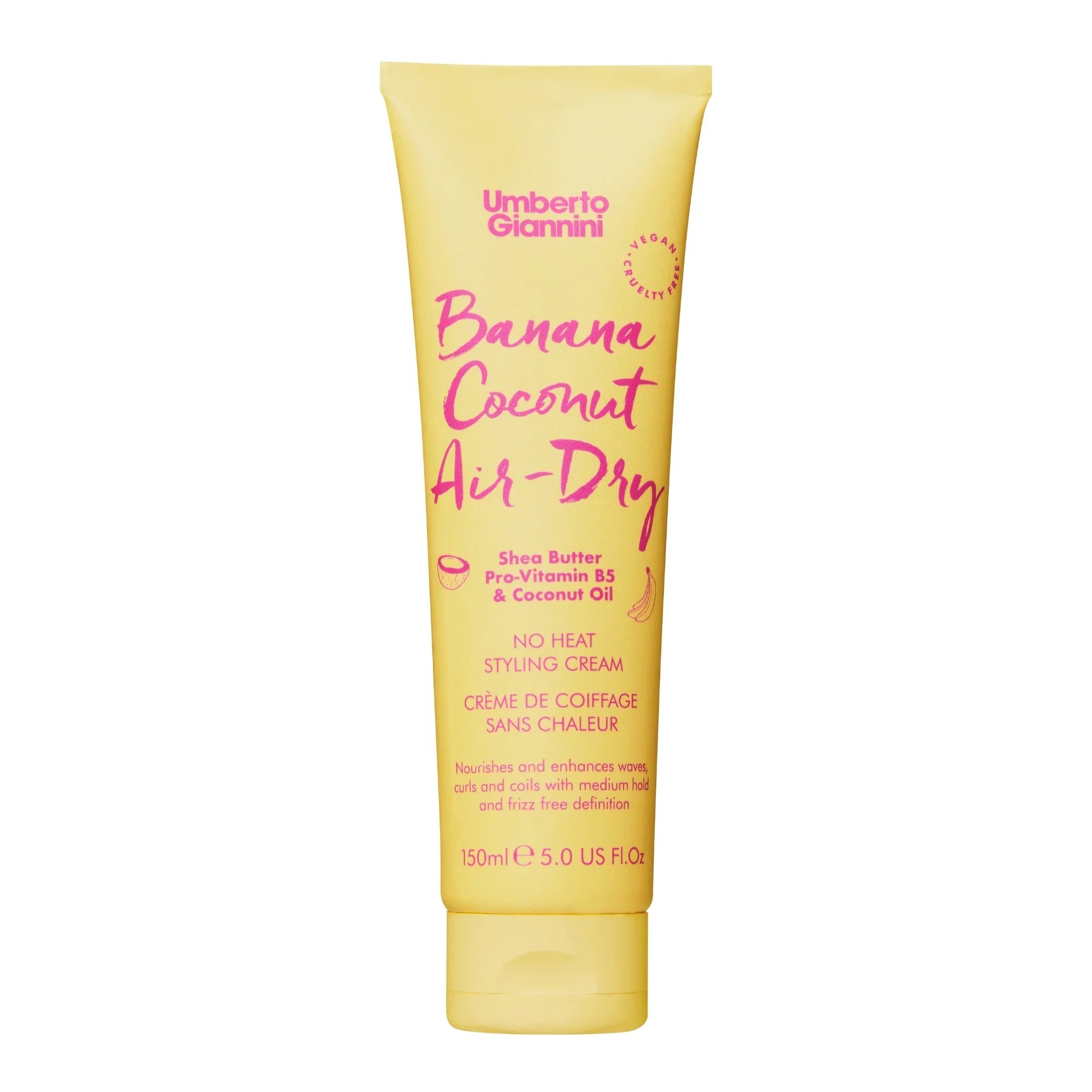 Umberto Giannini Banana Coconut Air-Dry No Heat Styling Cream with Shea Butter and Coconut Oil in yellow tube