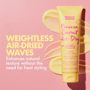 Umberto Giannini Banana Coconut Air-Dry Styling Cream tube with pink background and product smear, weightless waves text