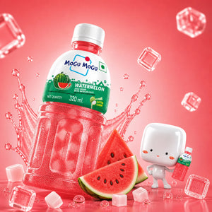 Mogu Mogu Watermelon Juice Drink with Nata-de-Coco, 320ml, surrounded by ice cubes and watermelon slices