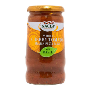 Jar of Sacla whole cherry tomato Italian pasta sauce with basil on a white background