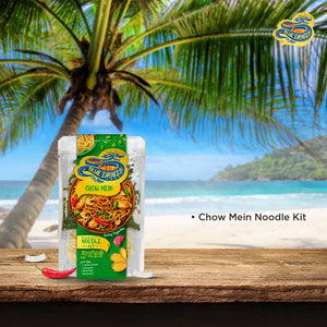 Blue Dragon Chow Mein Noodle Kit on wooden table with tropical beach and palm tree background