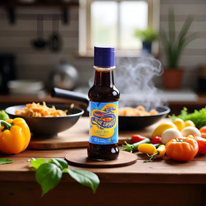 Blue Dragon Light Soy sauce bottle on kitchen counter with fresh vegetables and steaming stir-fry dishes