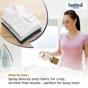 Woman using Faultless Premium Luxe Finish spray on fabric for wrinkle-free clothes, ideal for busy lifestyles