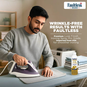 Man ironing clothes with Faultless Premium Luxe Finish spray for wrinkle-free results, imported from USA