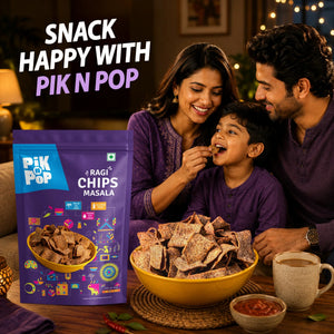 Family enjoying Pik N Pop Ragi Chips Masala, gluten-free healthy snack with tea and dip