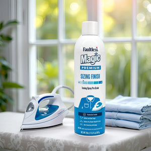 Faultless Magic Premium Sizing Finish ironing spray with steam iron and folded shirts on ironing board